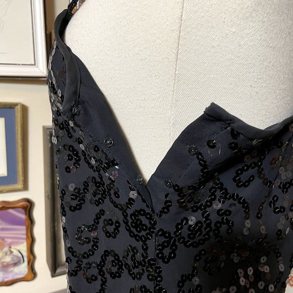 90s Vintage Liz Claiborne Black Crepe Sleeveless Slip Dress with Sequins Size 12 - Picture 5 of 7